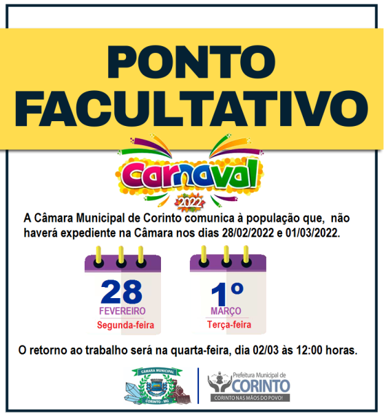 PONTO FACULTATIVO NO FERIADO DE CARNAVAL.