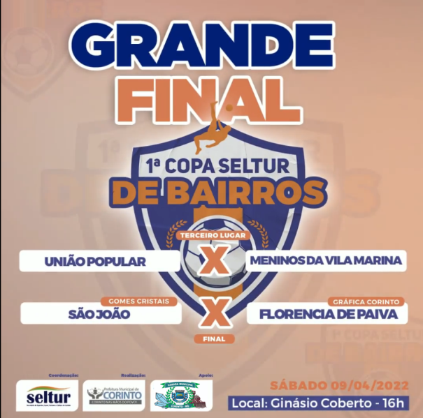 FINAL DA COPA SELTUR DE BAIRROS DE FUTSAL SERÁ REALIZADA NESTE SÁBADO, 09/04 NO GINÁSIO POLIESPORTIVO DE CORINTO 