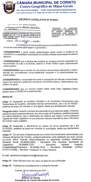 CÂMARA MUNICIPAL DE CORINTO SUSPENDE ATENDIMENTOS POR CAUSA DA COVID-19.